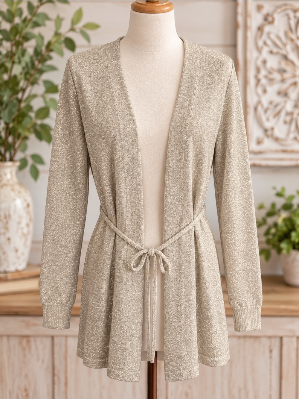 Tommy Bahama Shimmery Light Beige Tie-Waist Cardigan